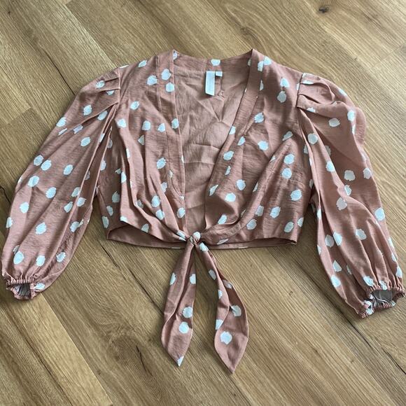 Jonathan Simkai Adria Puff Sleeve Crop Top Polka Dots Teak & White small - Picture 2 of 6